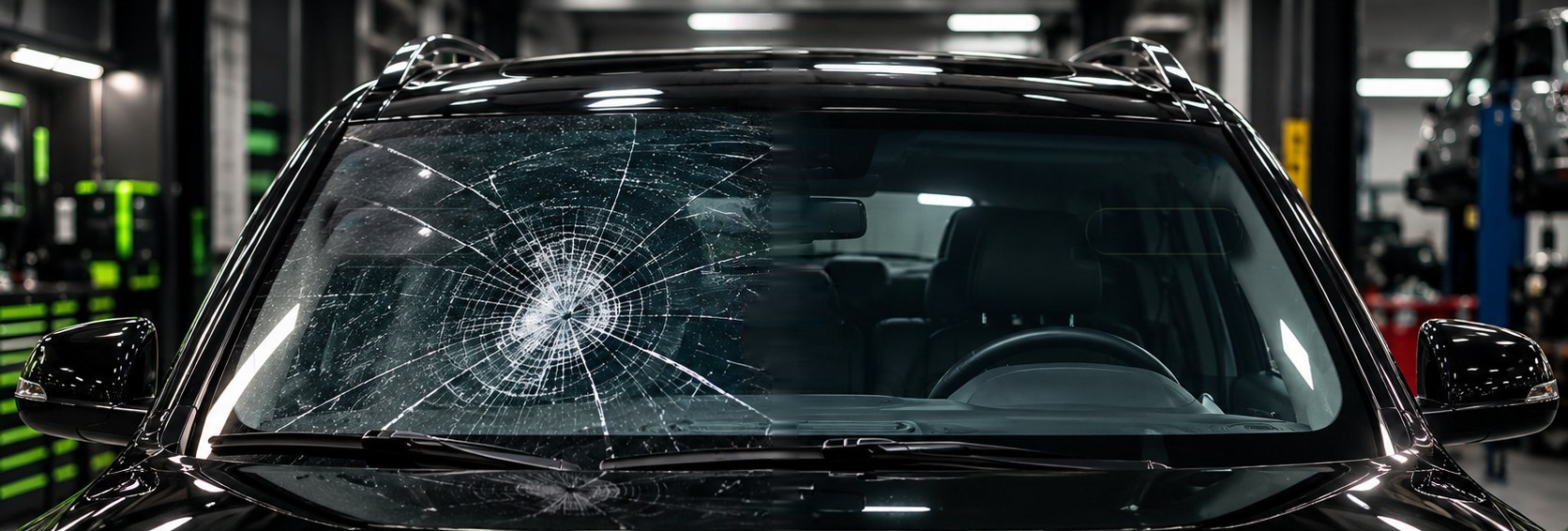 SUV windshield shown half shattered and half replaced
